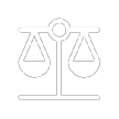 White icon of balanced scales on a black background, symbolizing justice or fairness.
