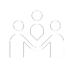 White icon of three abstract human figures standing in a circle, suggesting community or teamwork, on a black background.