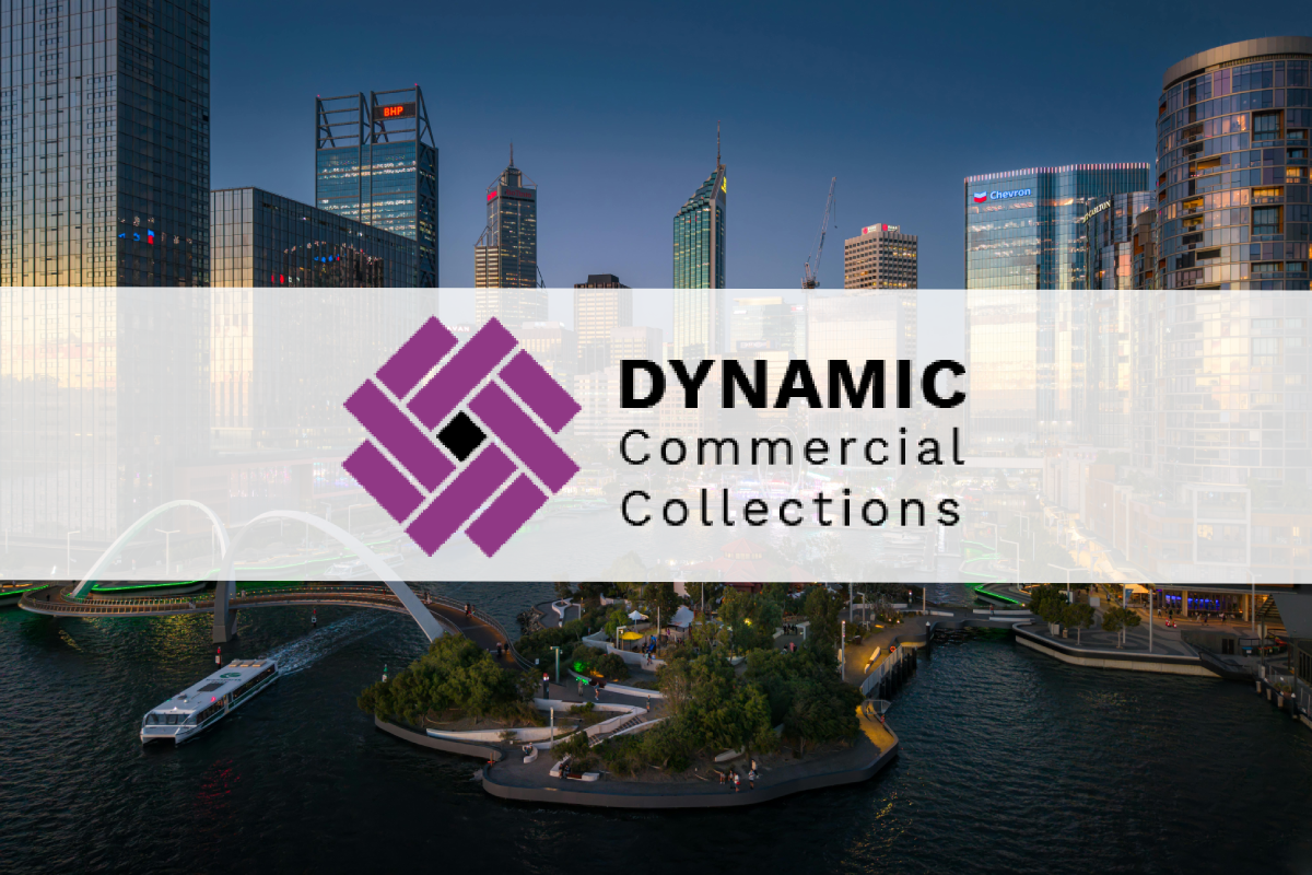 A city skyline at dusk with skyscrapers and waterway; overlaid is the Dynamic Commercial Collections logo and company name in black and purple.